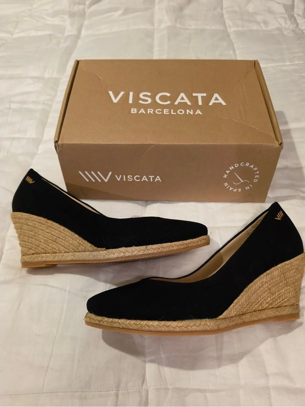 Viscata Barcelona Black Roses Canvas V Cut Espadrille Wedge Pumps